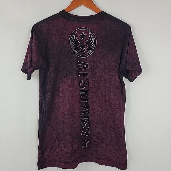 Affliction TShirt Mens Small Red Black All Over Print Burnout Crew Tee Live Fast - Picture 7 of 8